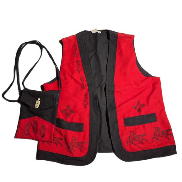 Vtg 1990s Venus Imports Red Black Primitive Tribal Cotton Open Vest and Bag Sz S - Picture 1 of 5